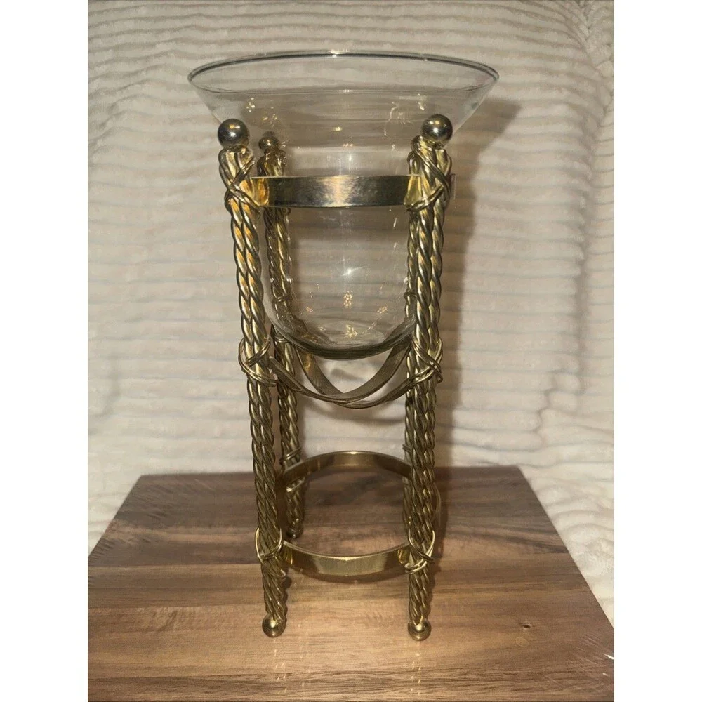 Vtg Brass Candle Stand Holder Twisted Rope Design with Glass Bowl 11